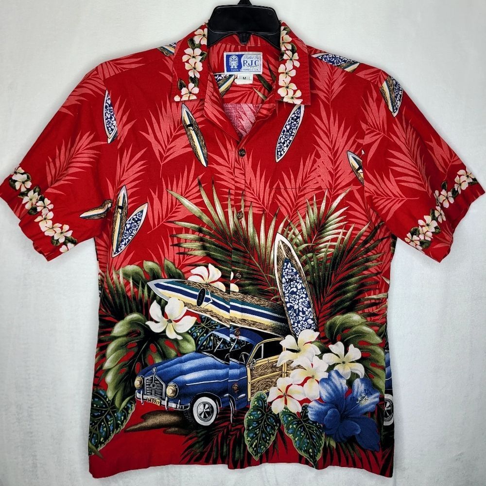 Vintage Rjc Red Hawaiian Surfboard Print Casual Button Down Shirt Size Medium